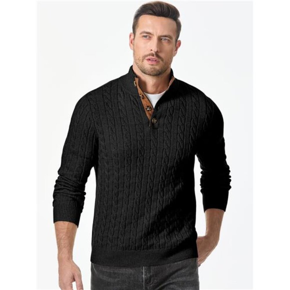 Men's Cable Knit Pullover Sweater Casual Stand Collar Button Knitted - Picture 4 of 7